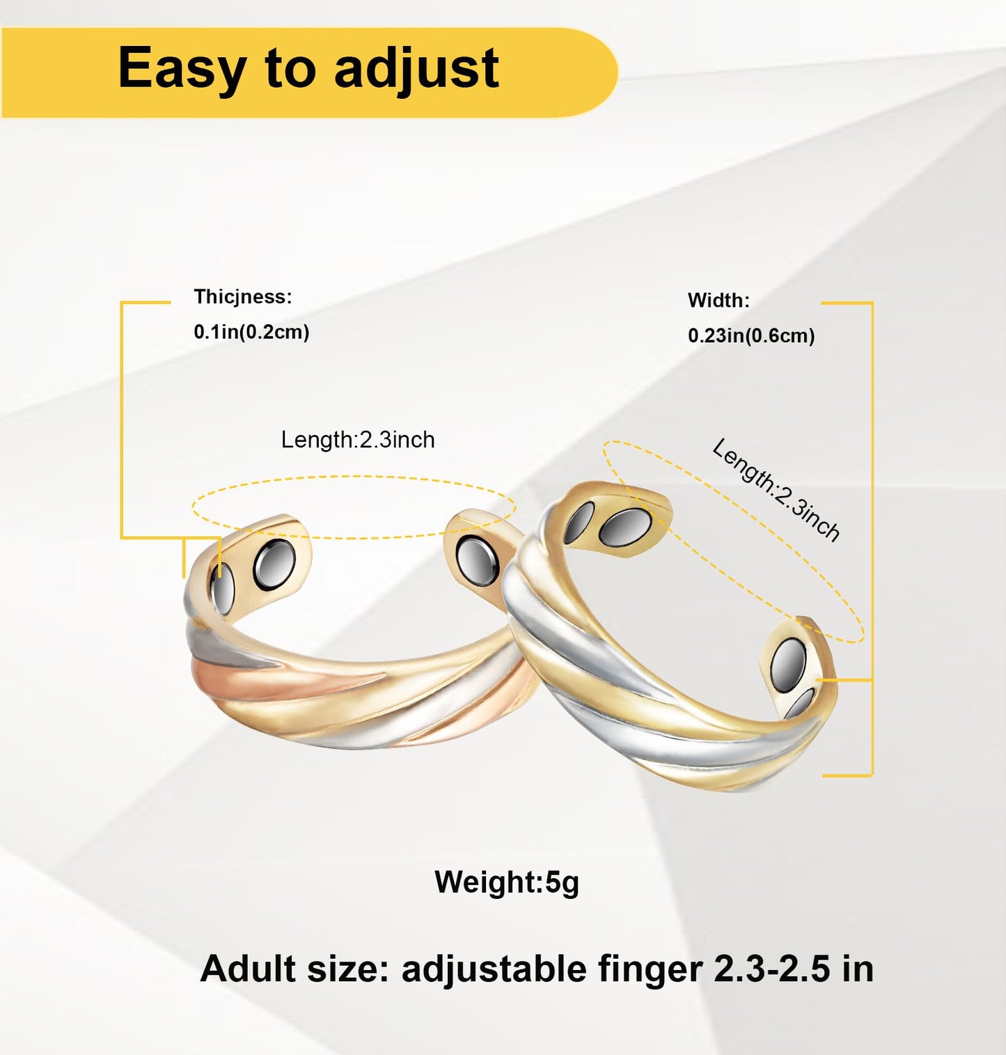 EnerMagiX Copper Rings for Women, 2pcs Pure Copper Adjustable Magnetic Three-Color Gold Ring Jewelry (0131B-0949)