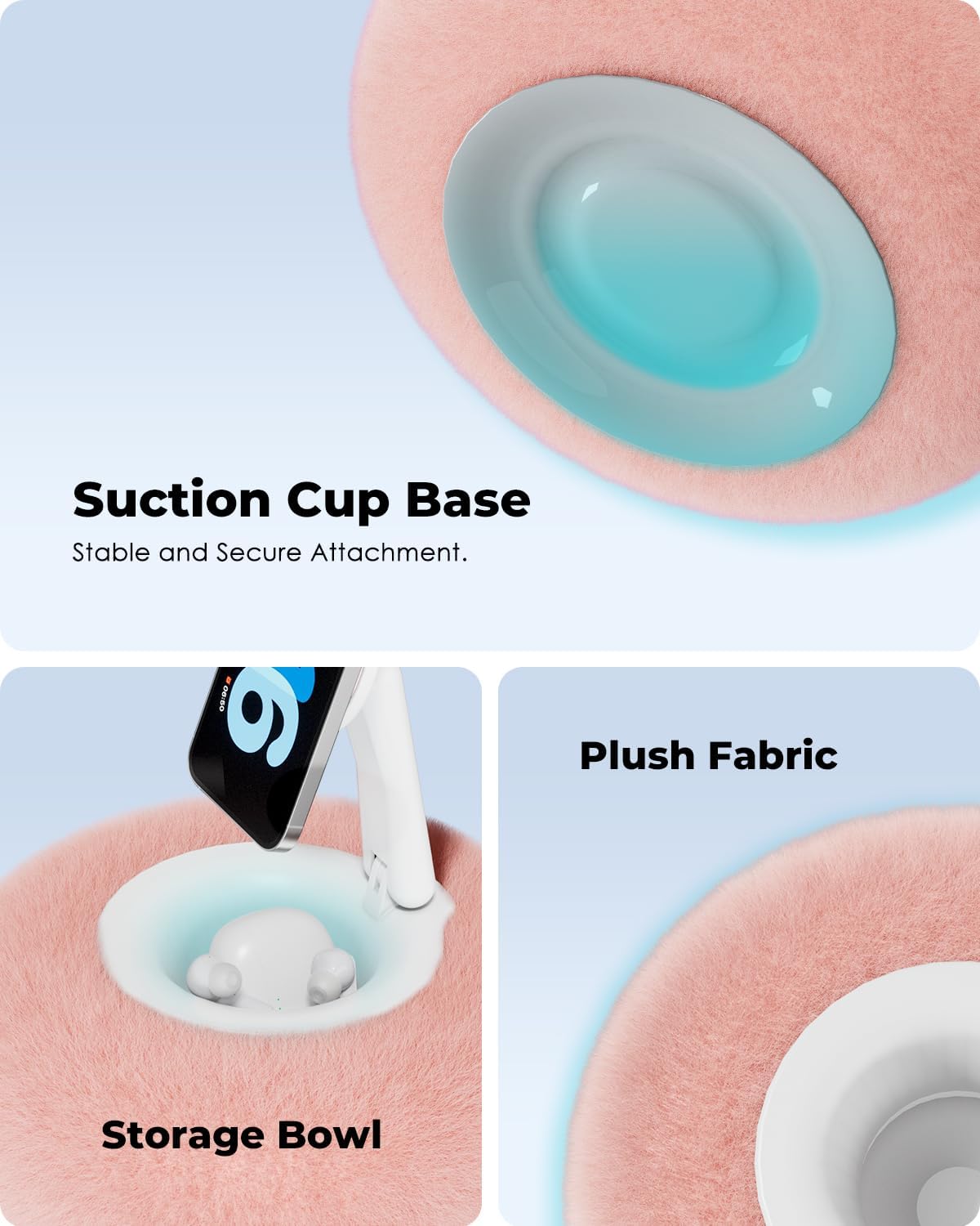 Viozon Phone Holder for Bed, Magnetic Pillow Stand, Compatible with 4-7" Phone/Kindle with Small Storage, Removable Suction Base for Stability, Idea for Kindle Reading and Video Watching On Bed,Pink