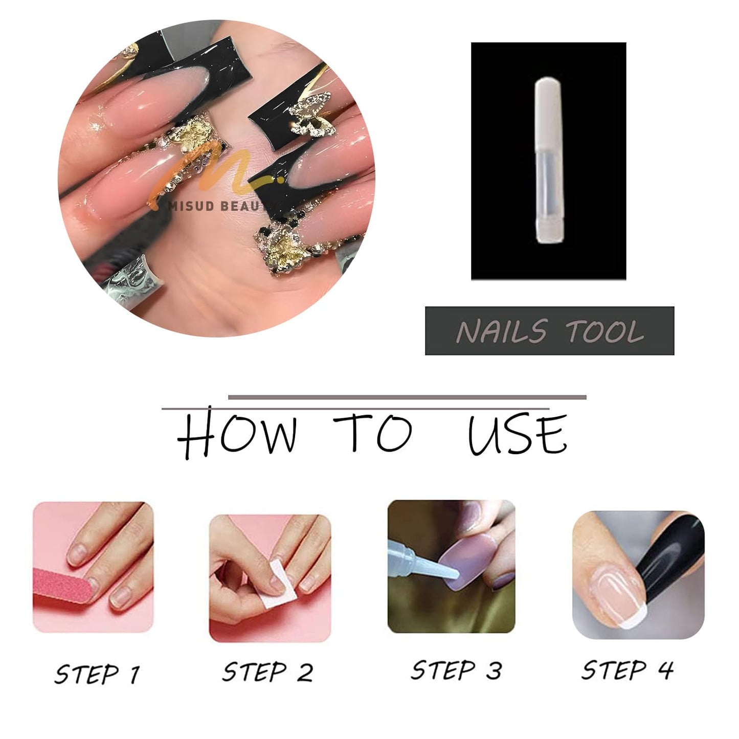 MISUD Press on Nails - Long Square Glue on Nails with Black French Tip, Acrylic Rhinestone Design 24 pcs