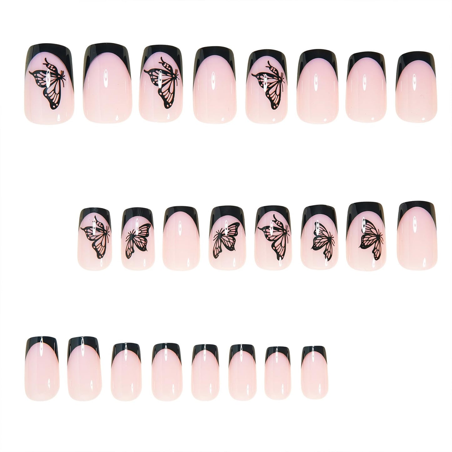 SINHOT Square Press on Nails - Short Fake Nails, Glossy Finish, Black Butterfly & French Tip, DIY Artificial False Nail Art - 24 Pcs Nail Kit with Glue