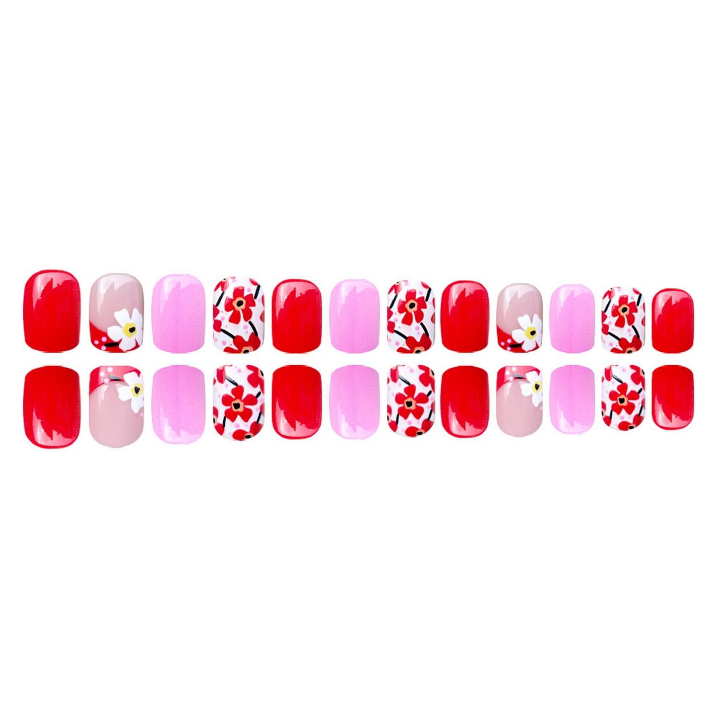 24pcs Short Square Press on Nail Flower Fake Nails Pink Red Press ones with deisgns Acrylic False Nails French Tip Stick on Nail Glossy Cute Glue on Nails for Women Spring Summer