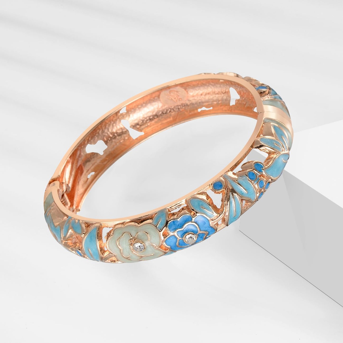 UJOY Fashion Cloisonne Bangle Jewelry Hollowed Rose Handmade Enamel Gifts Cuff Open Bracelet Bangles for Women Gilrs 88A10 3pcs Light Blue