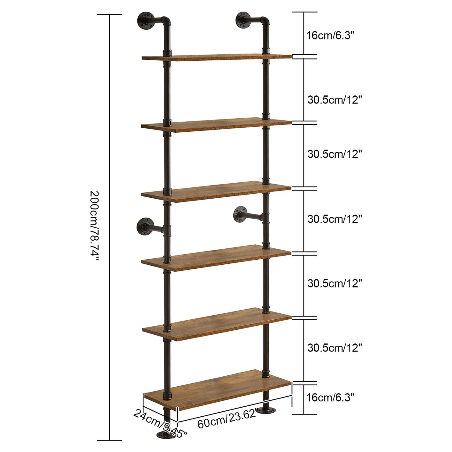 YMYNY Industrial Pipe Ladder Shelf, 6-Tier Wall Mounted Bookcase with Metal Frame, 78.7" Open Bookshelf, Multifunctional Storage Rack for Home Office, Living Room, Plant Stand, Rustic Brown, RF-TM018