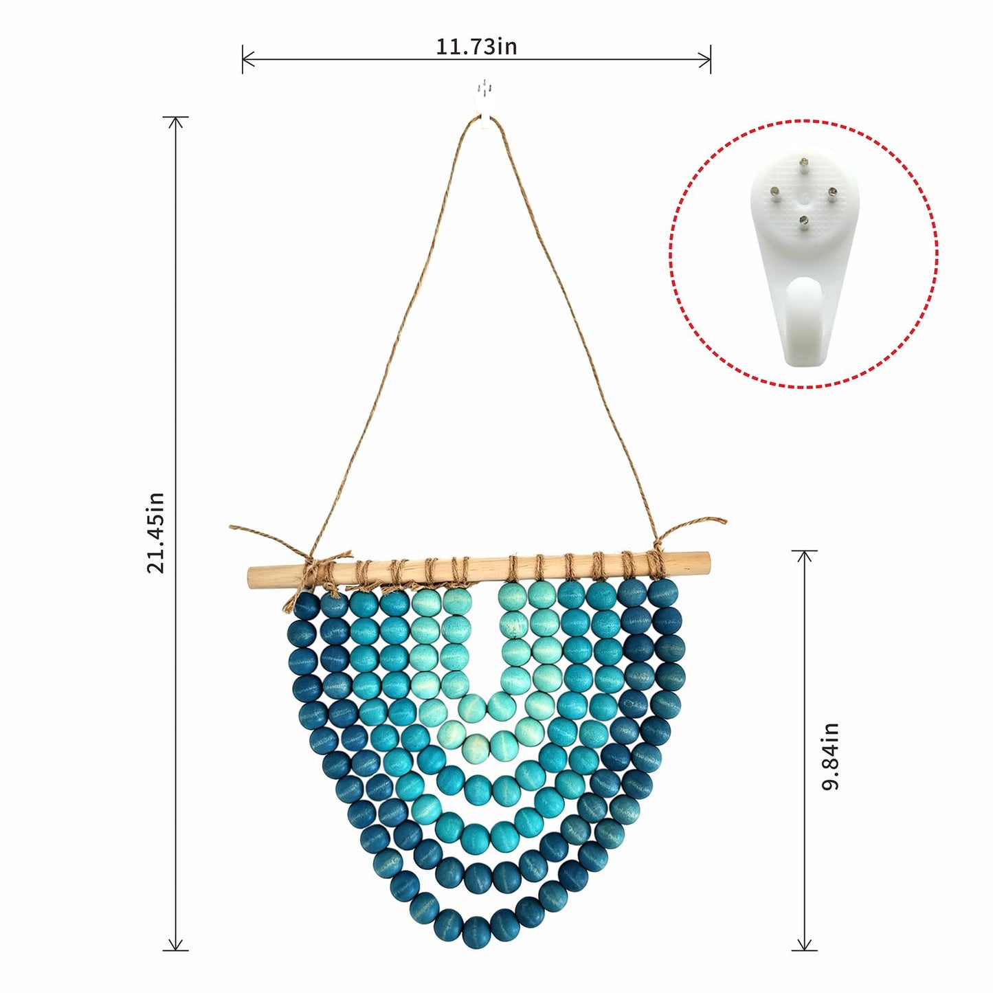 Boho Wooden Bead Garland Wall Hanging Tapestry Ombre Blue Gradient Handmade Wood Beaded Macrame Wall Art Natural Theme Wall Decor for Living Room Bedroom Nursery Dorm Coastal Home Office Decoration