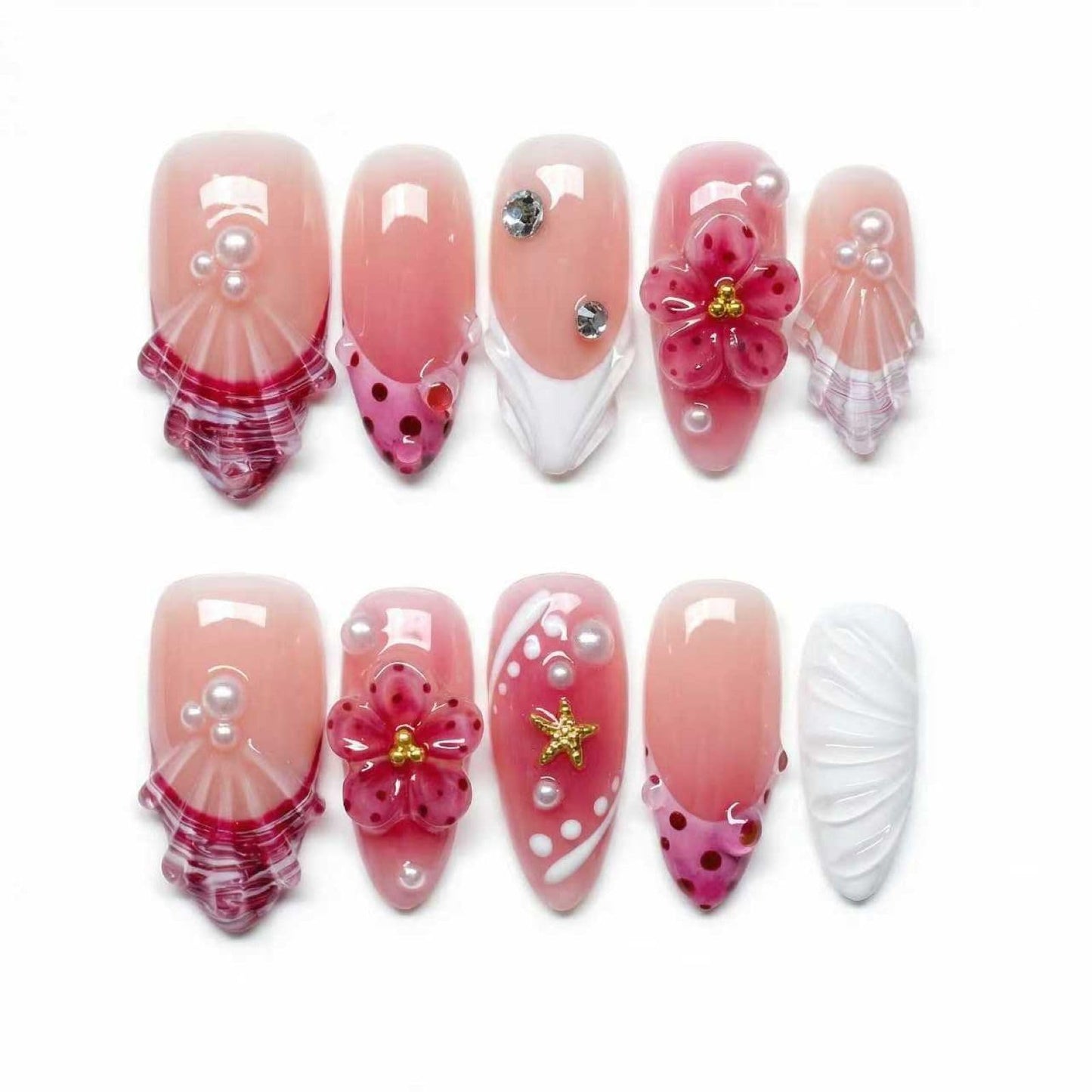 MikaJayboo Medium Almond Handmade Press on Nails Pink Summer Fake Nails with 3D Flower Shell Starfish Pearl for Women Glue on Nails for Daily Vacation 10Pcs(Size M)