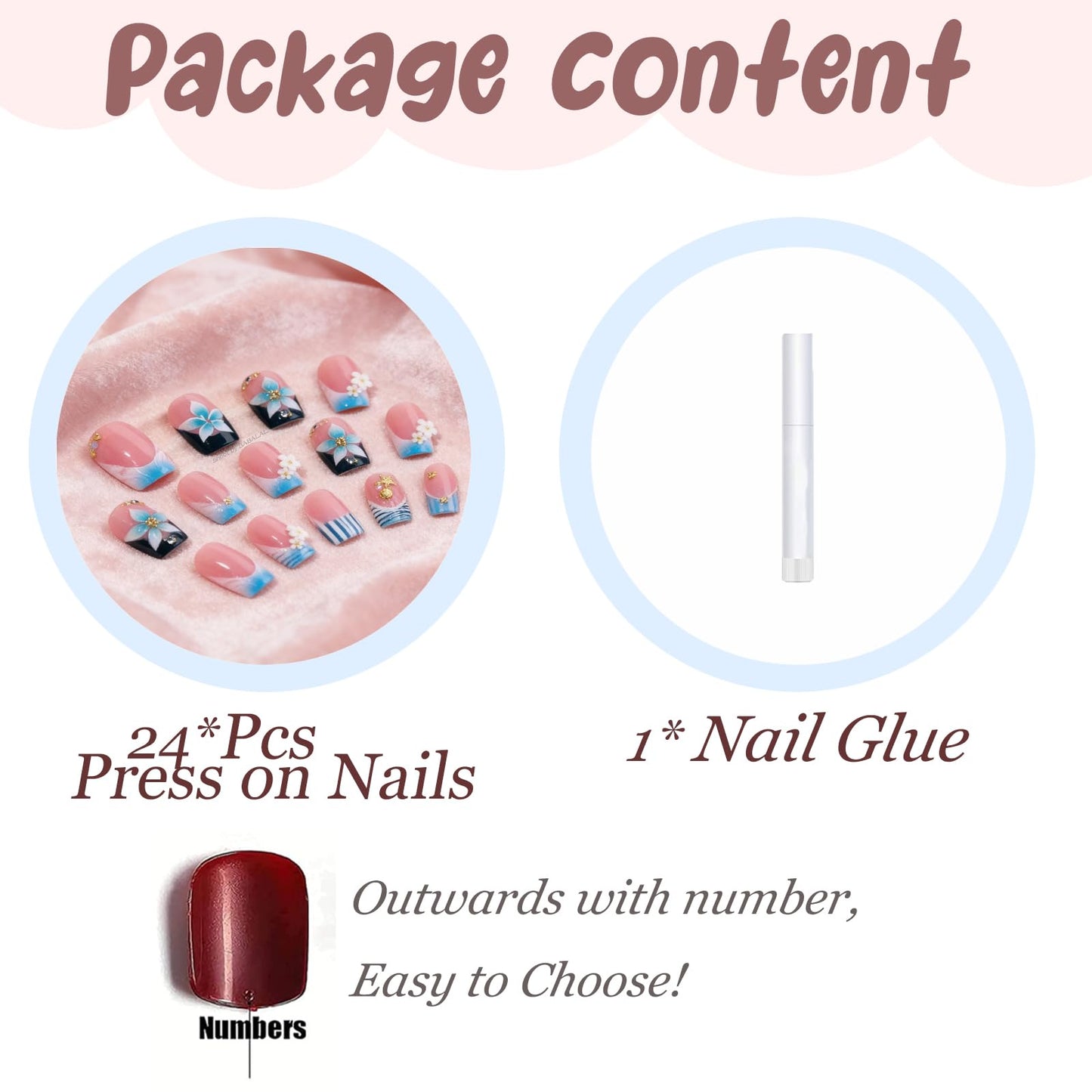 BABALAL Press On Nails, Short Square Fake Nails, Blue French Tip with Butterfly & 3D Flower, Glossy Tropical Summer Glue On Nails for Women and Girls 24Pcs