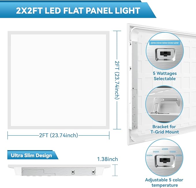 Msbfi 2x2 LED Flat Panel Light - 16 Pack Drop Office Ceiling Light 30-35-40W Adjustable, 130LM/W 3500K/4000K/5000K Selectable, 0-10V Dimmable, 100-277V for Office Ceiling Lighting Fixture ETL/DLC