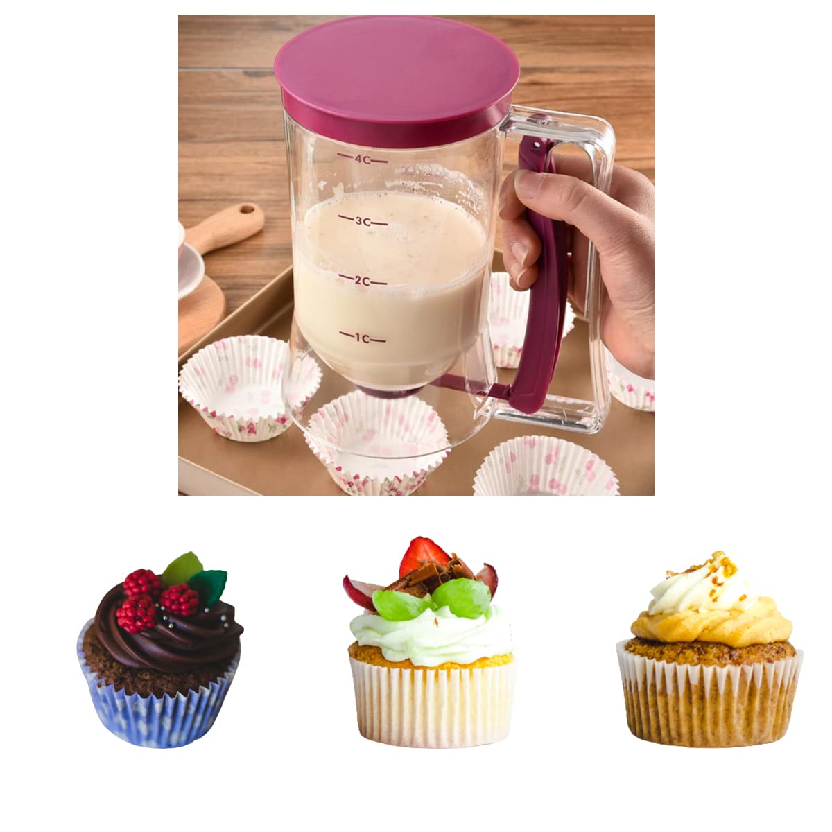 Pancake Batter Dispenser, Pancake Dispenser with Measuring Label, Plastic Batter Dispenser with Cleaning Brush for Cupcakes, Waffles, Muffin Mix, or Any Baked Goods