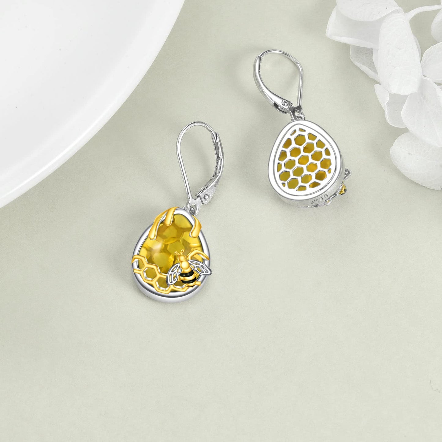 YFN Honeycomb Bee Earrings 925 Sterling Silver Amber Crystal Teardrop Dangle Drop Leverback Earring for Women