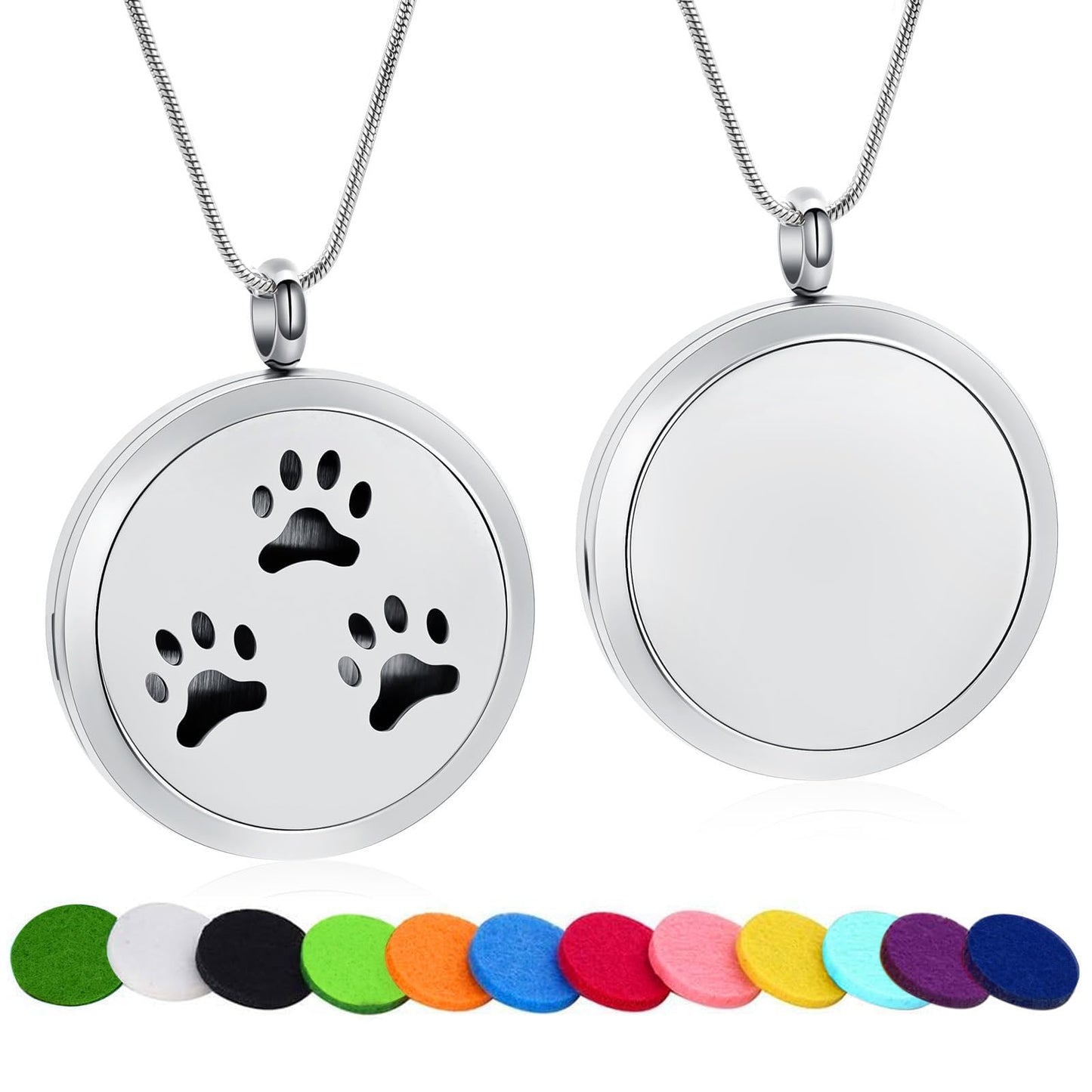 Minicremation Stainless Steel Paw Print Round Perfume Essential Oil Diffuser Pendant Necklace Women Aromatherapy Essential Oil Diffuser Locket Pendant Necklace, with Refill Pads
