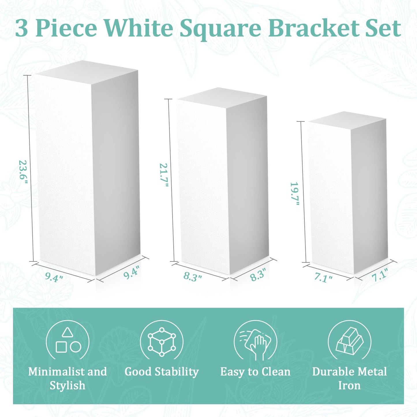 Baotree 3Pcs Square Pedestal Stands for Party, Metal Display Plinth Pillars for Wedding Ceremony Birthday Party Art Decor--23.6*9.4''(L), 21.7*8.3''(M), 19.7*7.1''(S)