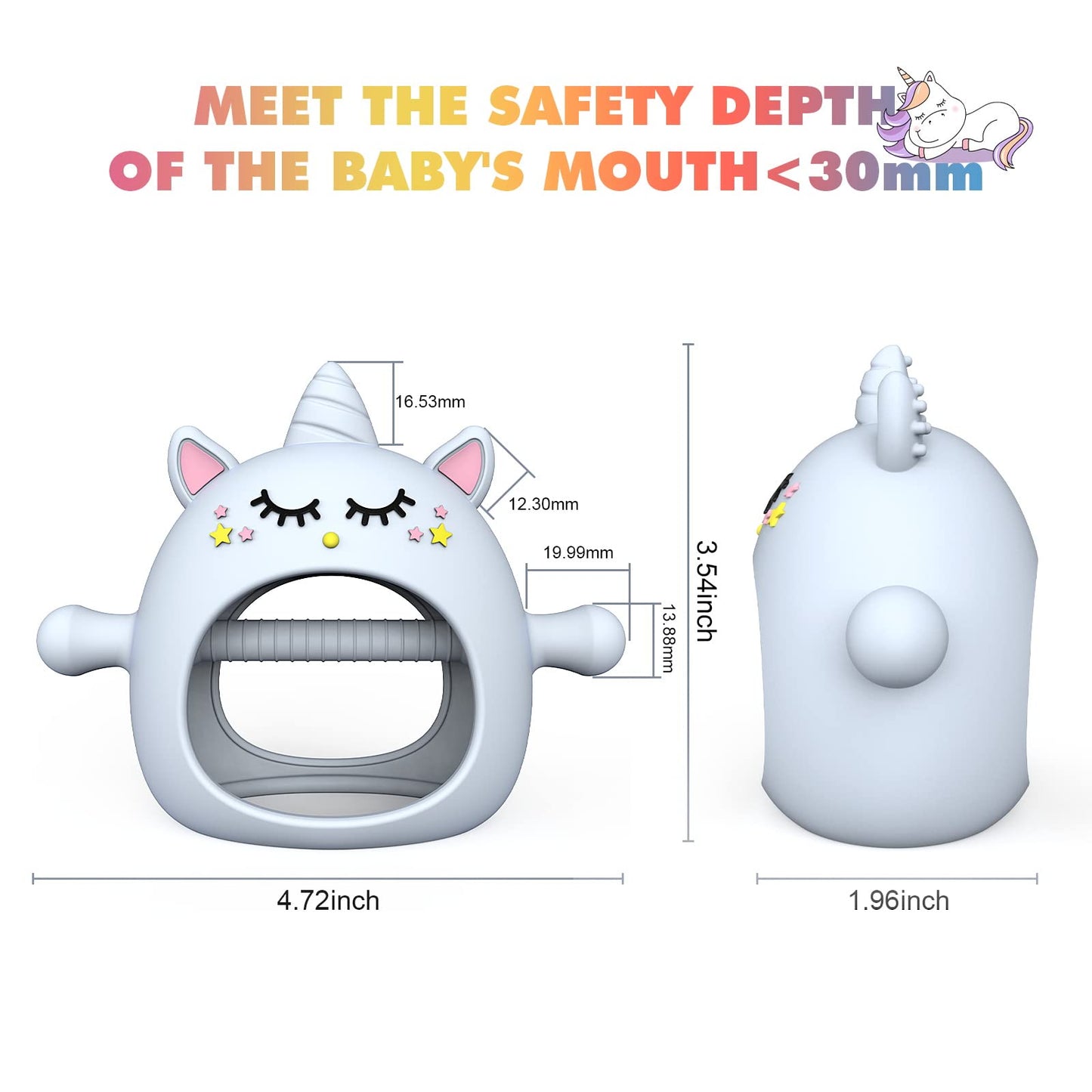Teething Toys for Babies 0-6 Months, Tinabless Unicorn Never Drop Silicone Teether for Babies 6-12 Months, Hand Pacifier for Breast Feeding Baby, Baby Chew Toys Freezer Safe for Newborn, Blue