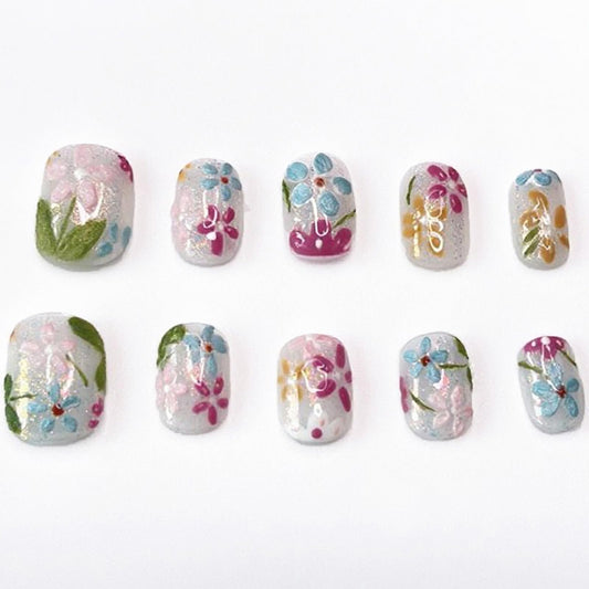 Handmade Press on Nails Short Square Fake Nails Press Ons Luxury Cute Flower Full Cover Stick on Nails Glitter Glue Nails for Women Girls Manicure (Oil Painting M)