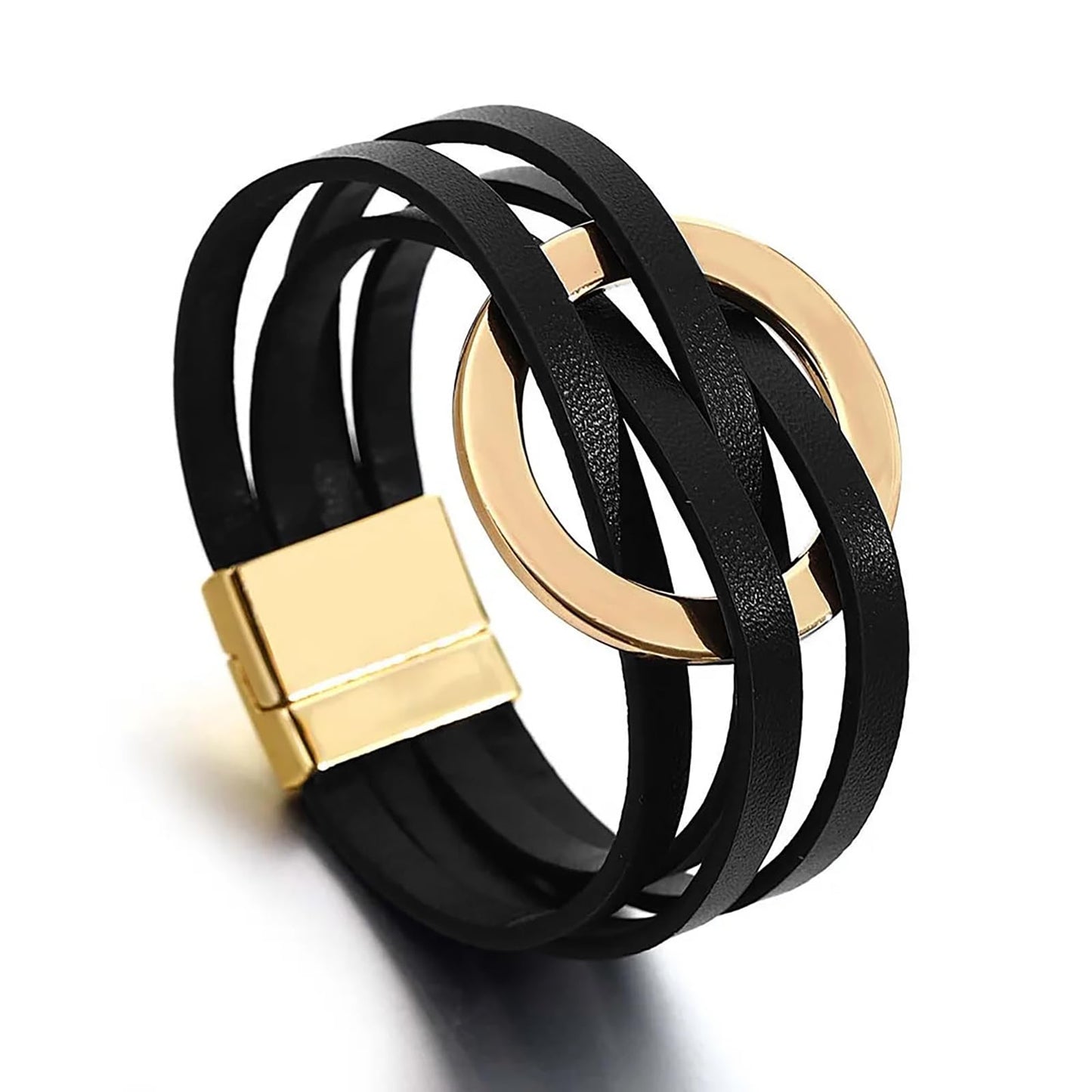 Leopard Bracelet for Women, Boho Leather Wrap Multi-Layer Pearl Crystal Bracelet Bangle Jewelry(Leather Circle(Black))
