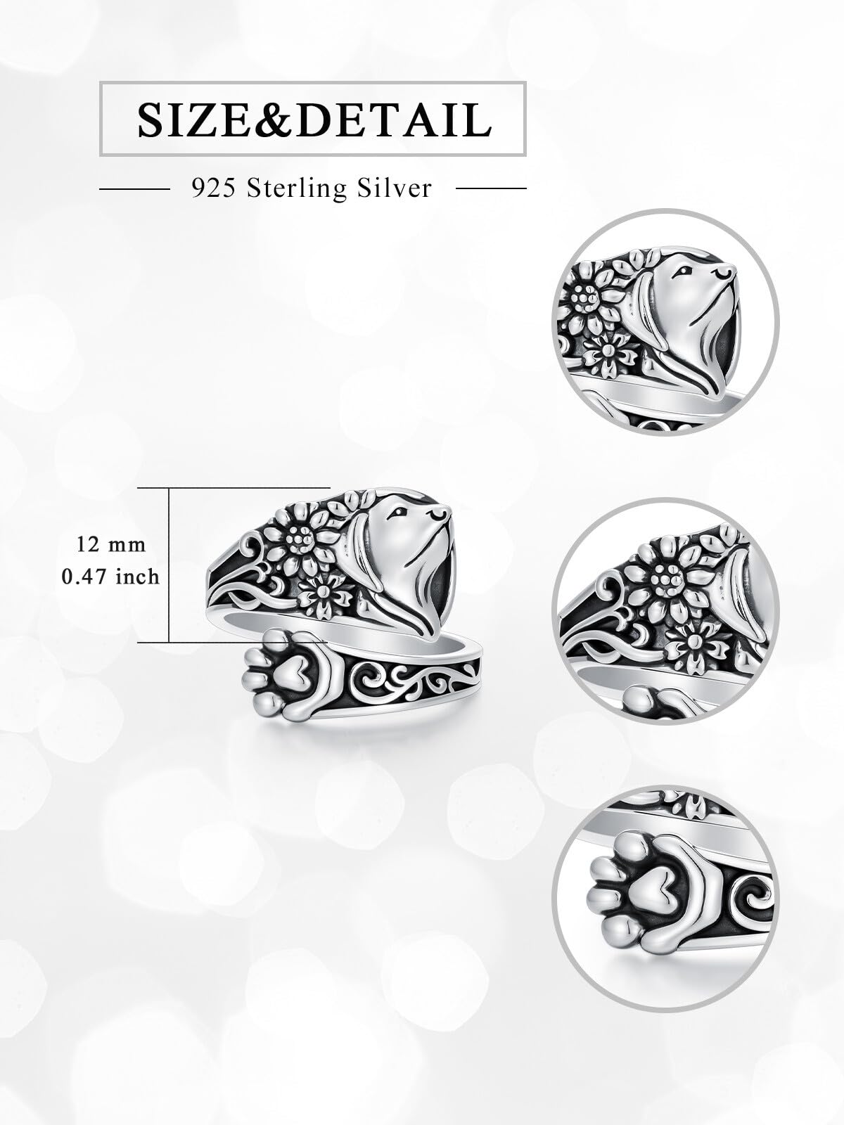 Midari Dog Spoon Rings for Women Sterling Silver Adjustable Vintage Paw Print Ring Finger Thumb Rings Puppy Jewelry Dog Lovers Birthday Halloween Christmas
