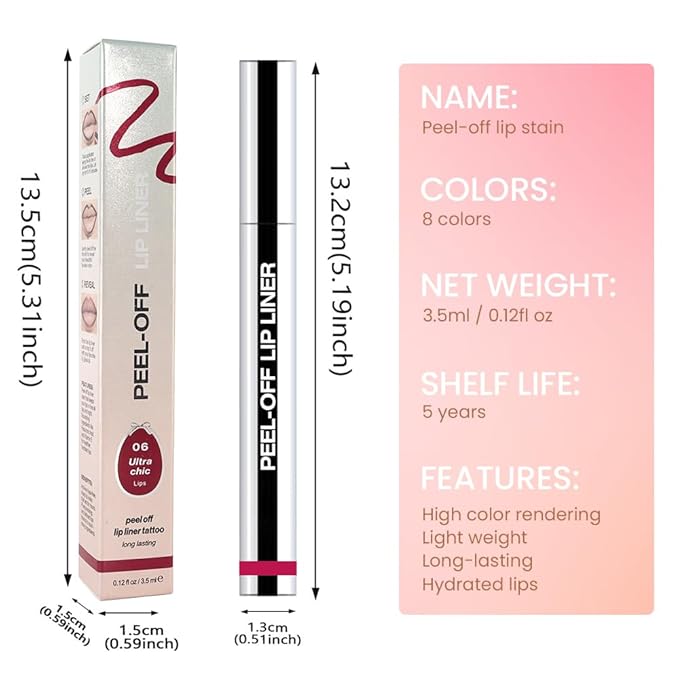 Matte Lip Stain Peel Off Lip Liner, Pink Red Peel Off Lip Stain Tattoo,Long Lasting & Waterproof Peel Off Lip Gloss Lip Liner,Transfer-Proof All Skin Types.0.12 fl oz #06