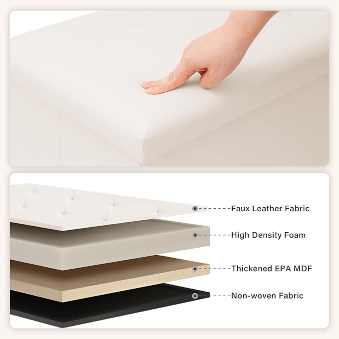 PINPLUS Folding Storage Ottoman Bench with Tray, 43.3inches Faux Leather Long Storage Chest Footrest Seat, Coffee Table, Foot of Bed Storage Bench for Living Room Bedroom, Beige