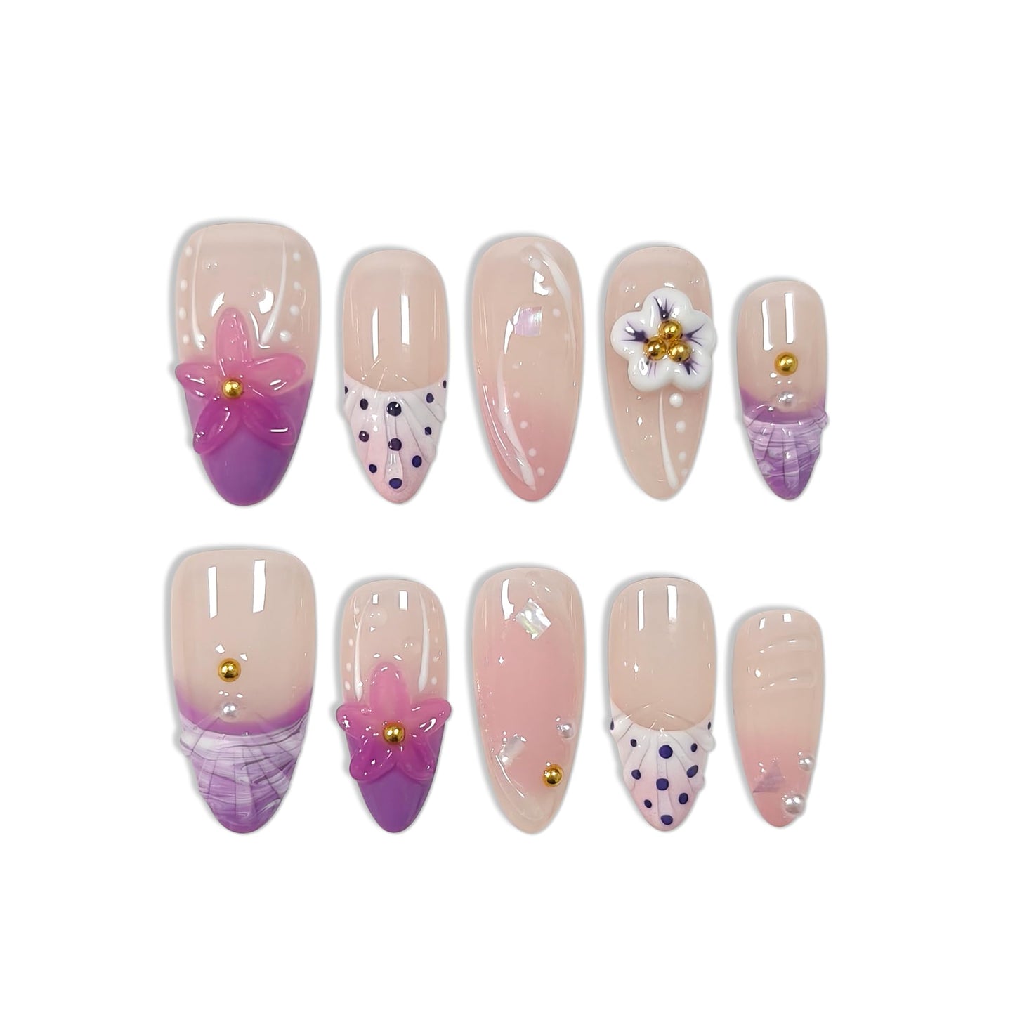 TENPAL Handmade Soft Lilac French Tips Press on Nails Medium Almond with 3D Glitter Floral & Pearl, Handmade & Reusable, Sheer Flattering False Nails for Everyday Summer Wear 10PCS(S)