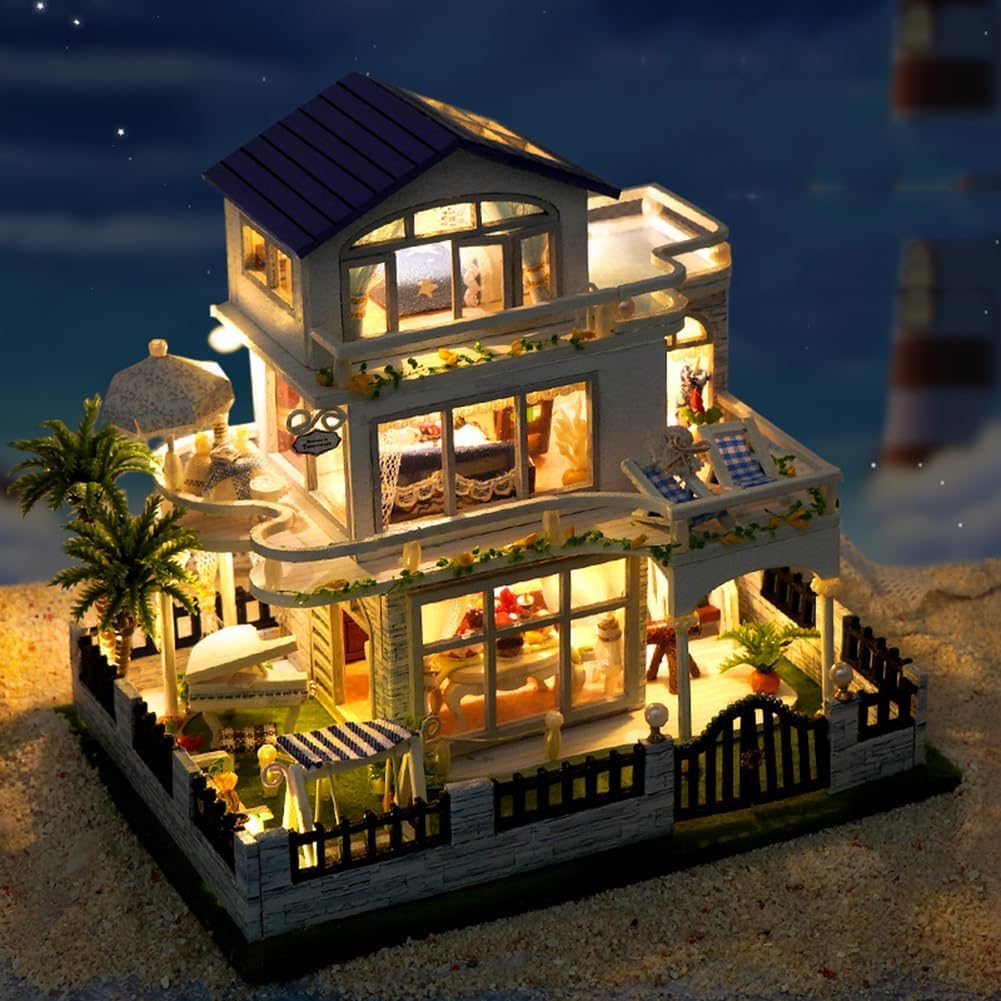 iiecrKiie Dollhouse Miniature with Furniture,DIY Kit Mini Modern Villa Model, Creative Doll House Best Christmas Birthday Gift for Lovers Boys and Girls