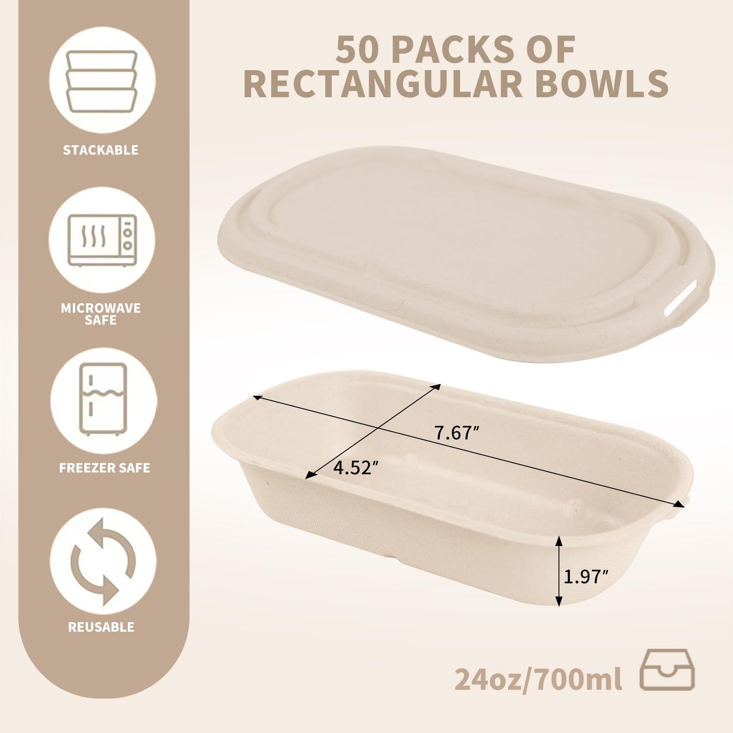 wonmain 50Pcs(24oz) disposable meal prep food containers with lids,microwaveable and freezable compostable, takeaway containers salad for food bowls and bento boxes.