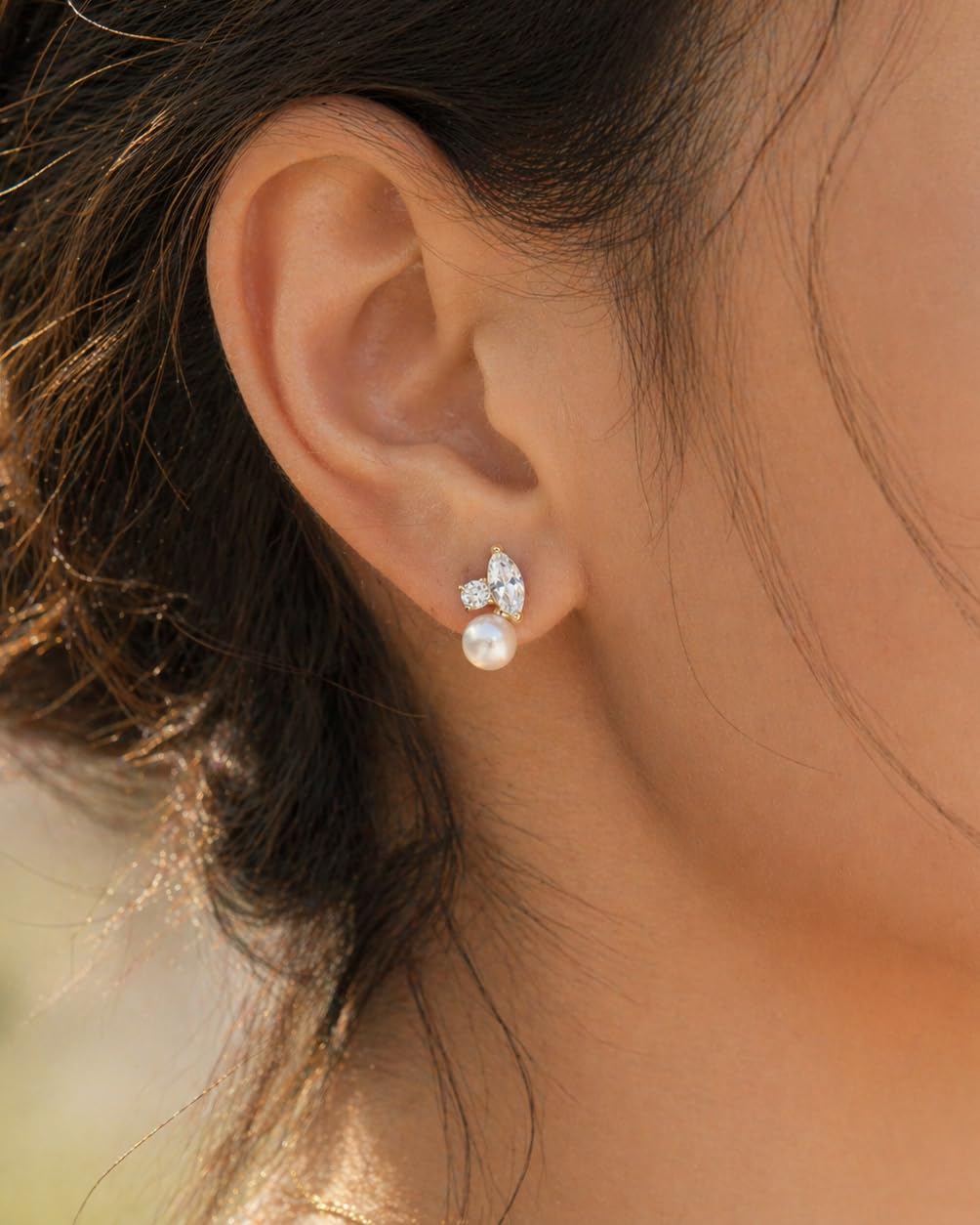 BSGRL Pearl Earrings - 14k Gold Plated Sparkle Cubic Zirconia Pearl Stud Earrings for Women Wedding Party Bridal