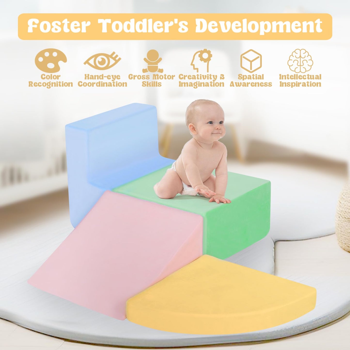 CAMELUS Climbing Toys for 1 Year Old, Foam Baby Climbing Blocks for Toddlers, 4-Piece Soft Play Set Toddler Climbing Toys Indoor, Climb Crawl Activity Play Set, Birthday