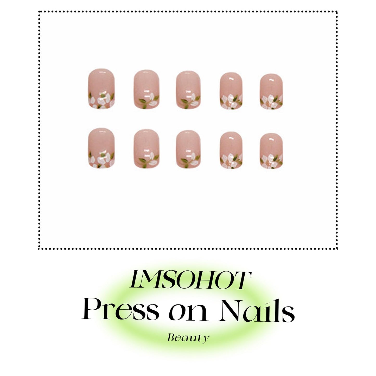 IMSOHOT Press on Nails Short Square Fake Nails Nude French with Flower Designs Full Cover Glue on Nails Cute White Floral Glossy Gel Acrylic Nails Press Ons Squoval Glue on Nails Kit 24Pcs