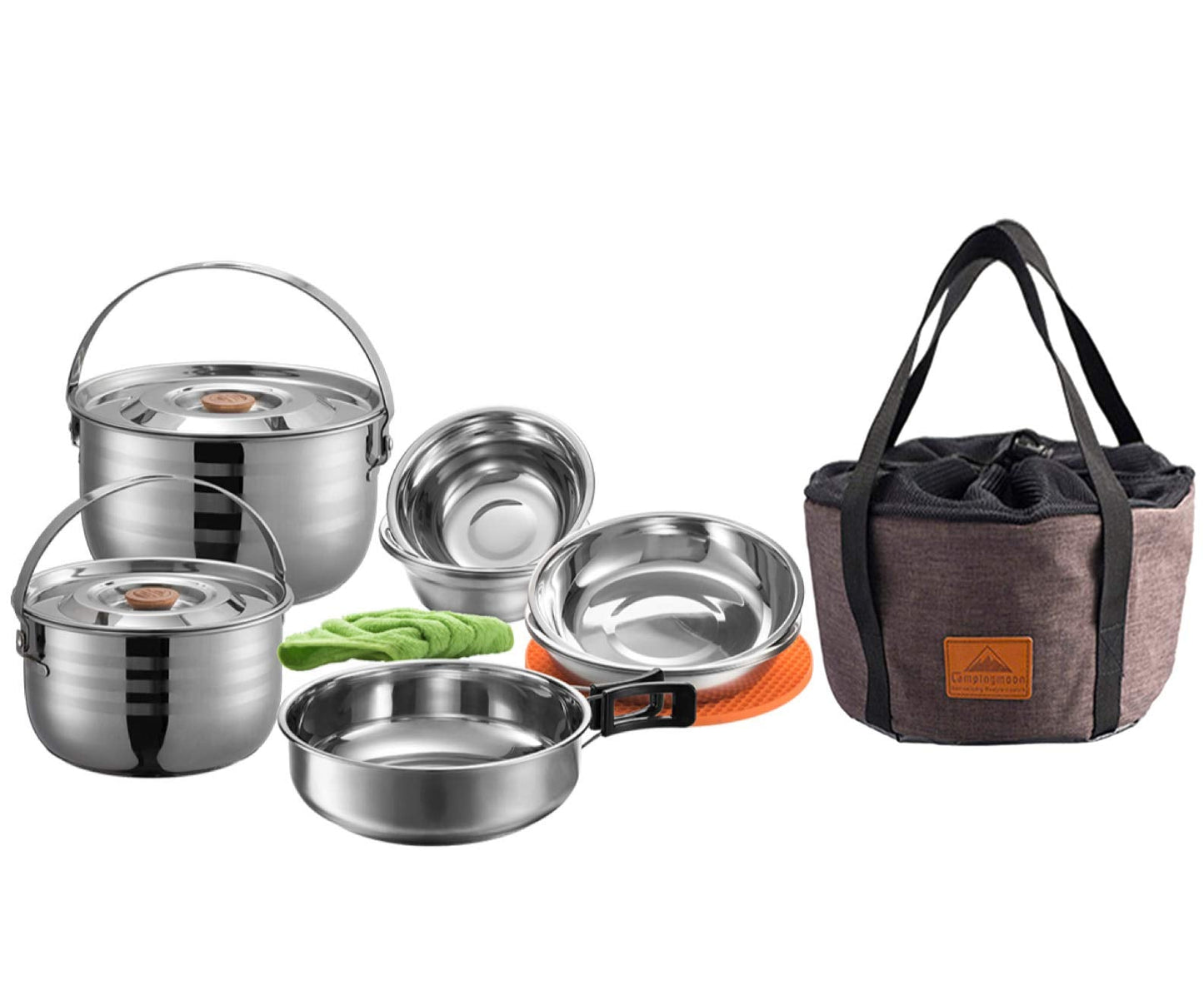 CAMPINGMOON 13PCS Camping Cookware Set Stainless Steel Outdoor Nesting Cooking Mess Kit Pots Pans Bowls with Storage Carrying Tote Bag MC210