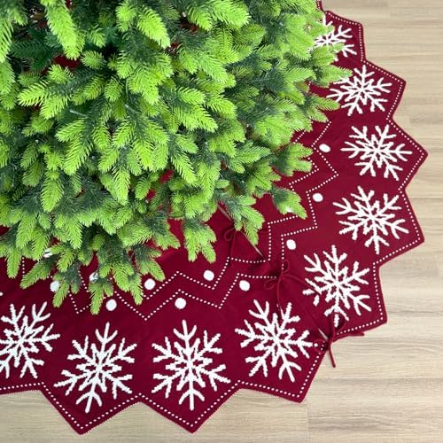84-Inch Reversible Knit Tree Skirt with Christmas Star–Inspired Pointed Edge Border and Lace-Up Closures, Machine Washable Thick Acrylic Yarn, Burgundy & White