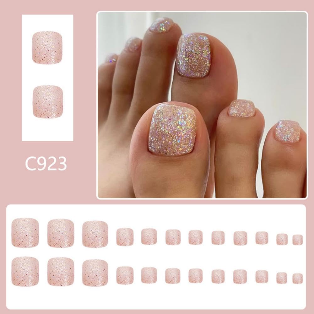 Glitter Press on Toe Nails Short Square False Toenails with Sequins Designs Full Cover Fake Toenails Spring Stick on Toenails Glossy Reusable Summer Glue on Toe Nails for Women Girls Manicure 24Pcs