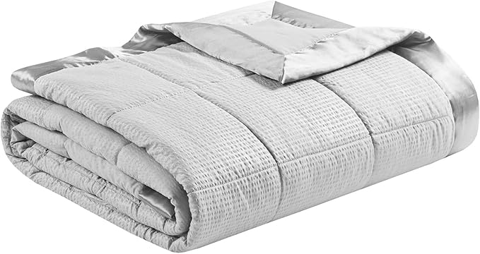 Madison Park Cambria Down Alternative Blanket, Premium 3M Scotchgard Moisture Wicking Treatment, Lightweight and Soft Bed Cover For Summer with Satin Trim, Oversized Full/Queen Gray
