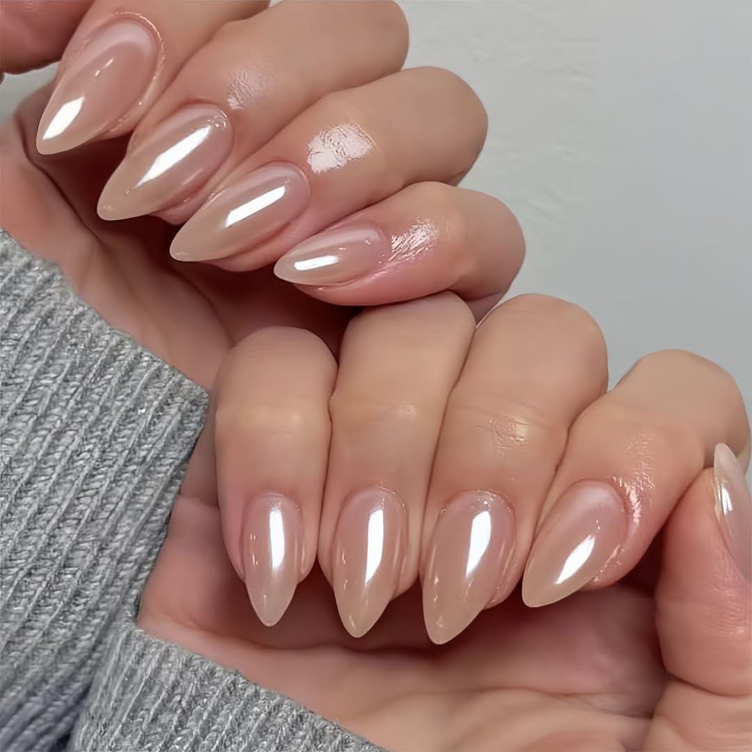 Nude Pink Press On Nails Almond - KQueenest Chrome Press On Nails Medium, Pearlescent Peach Fake Nails Press ons, Glitter Glue on Nails Medium Stiletto, Glazed Gel Stick On Nails for Women, 24 Pcs