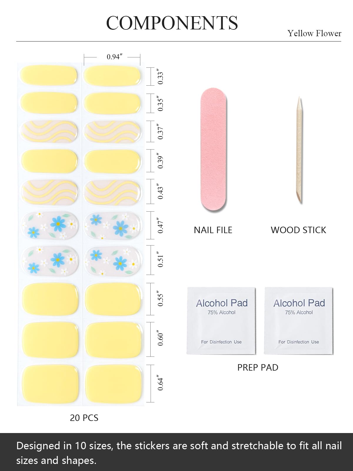 AutyaMee Semi Cured Gel Nail Strips (Yellow Flower), 20 Pcs Sping Gel Nail Wraps, Stickers, Salon Quality, Works with Any UV Lamps