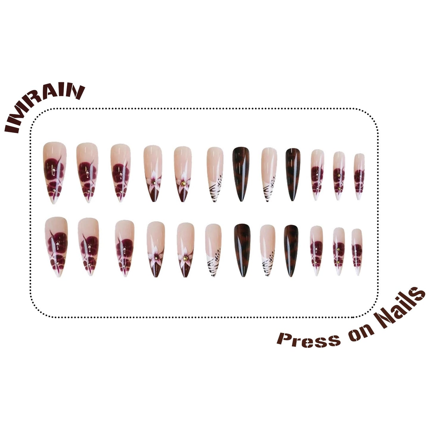 IMRAIN Press on Nails Long Stiletto Fake Nails Red Brown Flower, Leopard Print Designs Fall Glossy Glue on Nails