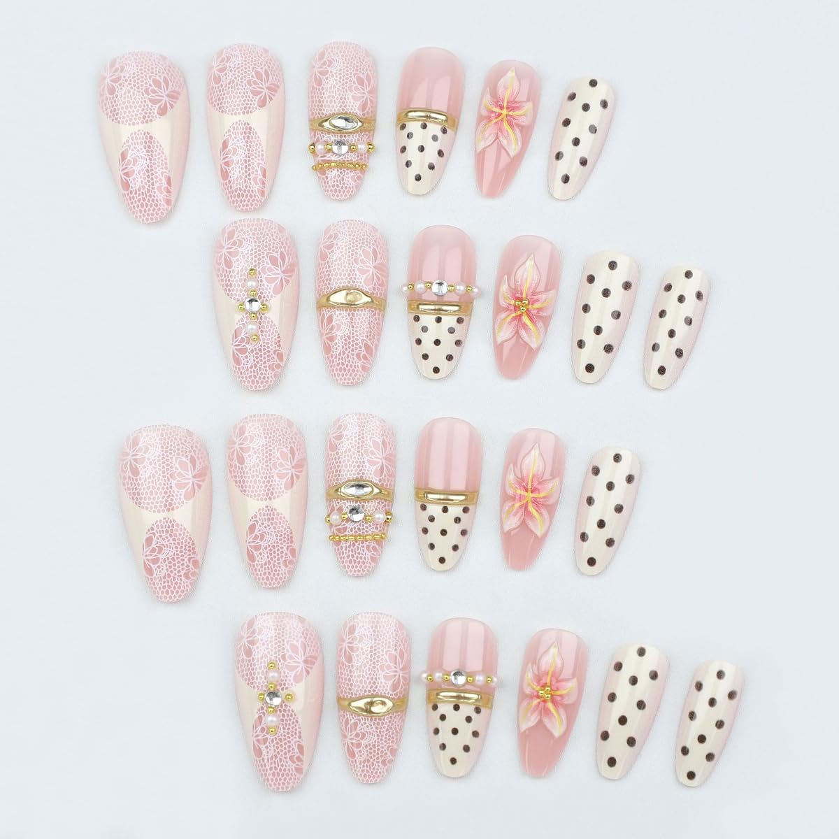 Medium Almond Press on Nails 3D Flower Fake Nails with Lace, Gold Rings Charms Polka Dot False Nails Press ons Full Cover Glossy Stick on Nails for Women Manicure Kit 24Pcs