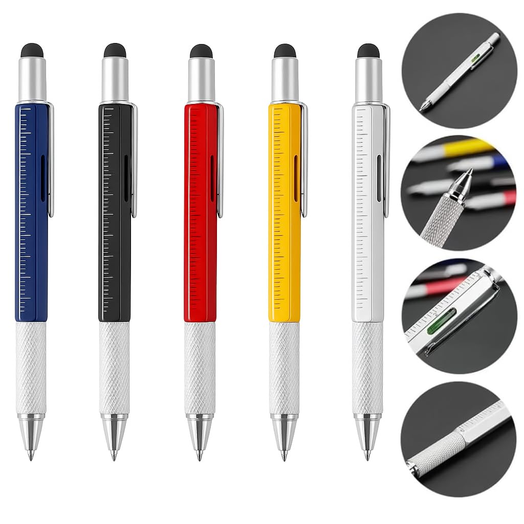 5 Pack Multi Tool Pens, 6-in-1 Gadget for Men with Stylus, Ruler, Screwdrivers, Level & Ballpoint, Unique Dad Gifts for Men Who Have Everything, Father's Day Gift for Husband, DIY Tool Pen Set