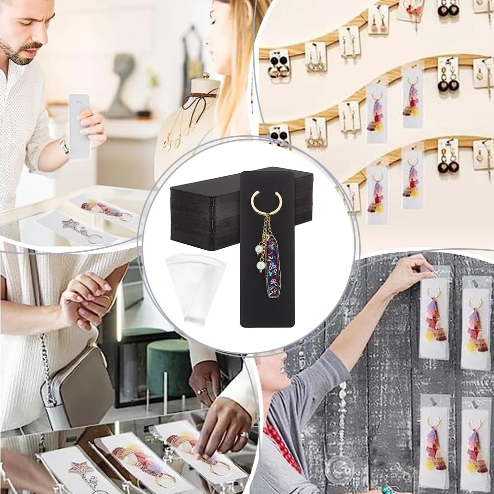 PH PandaHall 100 Sets Long Keychain Display Cards with Self-Sealing Bags, 5.9x2 Inch Black Paper Keyring Display Holder Keychain Cards Holder for Displaying Keyring Keychains Jewelry Packaging