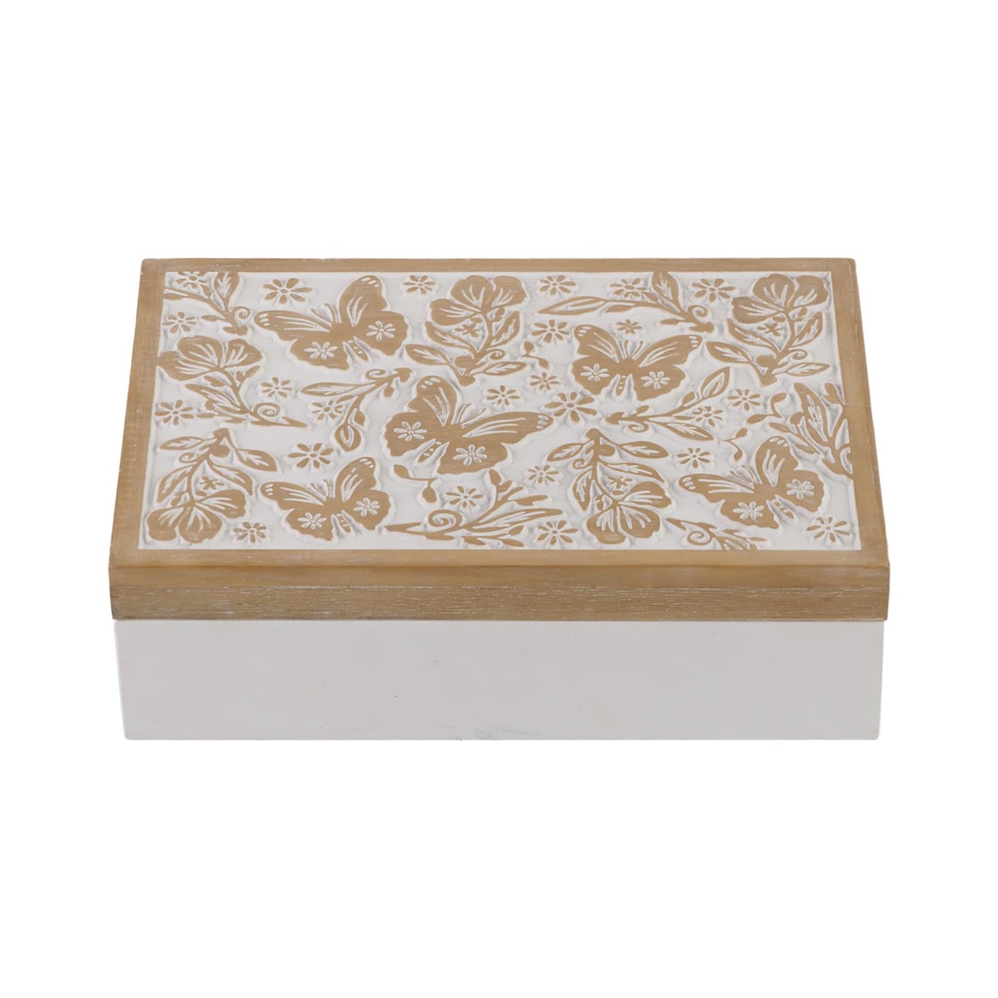 Synovana Wooden Keepsake Box - Decorative Wood Boxes with Hinged Lid, Butterfly Engraved Design, 10.24" W