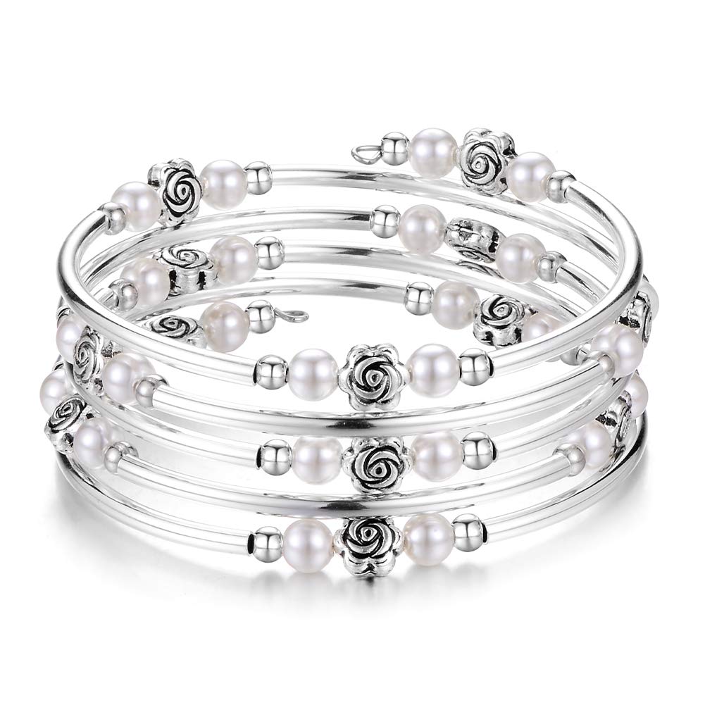 BULINLIN Wrap Bangle Rose Bead Bracelet - Beaded Bracelet with Natural Agate Stone Gifts For Women(01-White pearl)