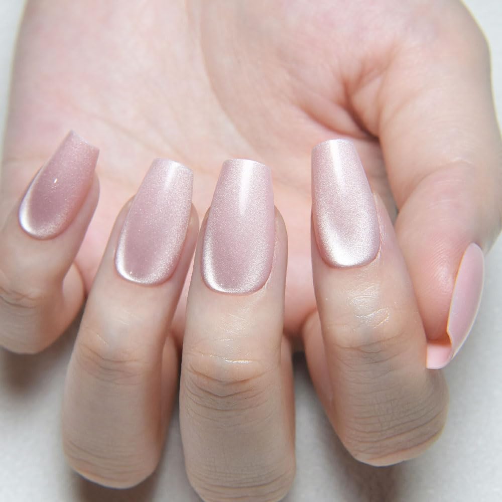 evpct Nude Cat Eye Coffin Press on Nails Square Medium, Medium Square Stick on Nail for Women Gift, Nude Metallic Glitter Glossy Reusable Summer Soft Gel Press on Acrylic Fake Nail with Designs