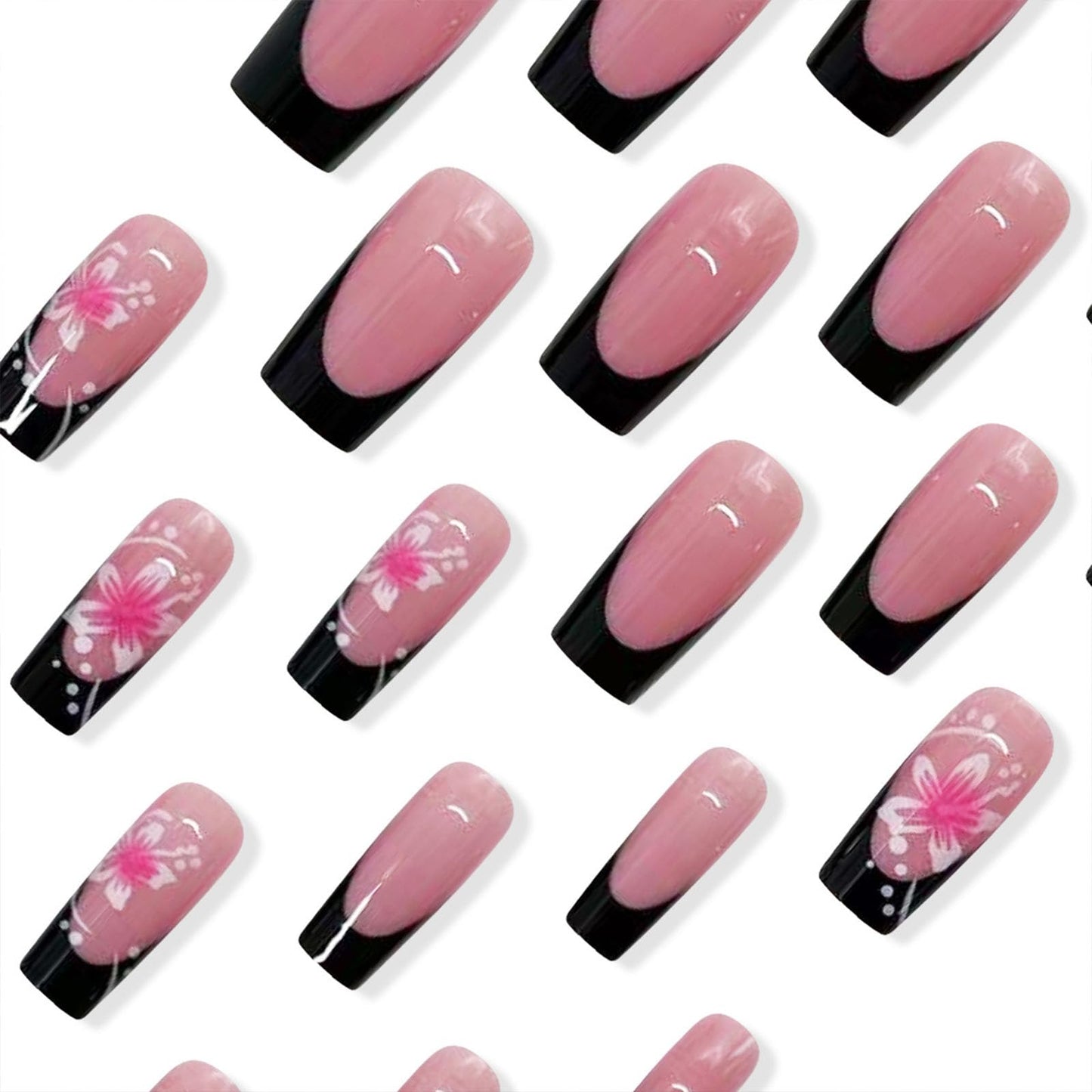 IMSOHOT Medium Press on Nails Square Black French Tips Fake Nails Artificial Full Cover Pink Flower False Nails Reusable Gel Nail Kit Glossy Glue on Nails for Women Girls 24Pcs, Purple