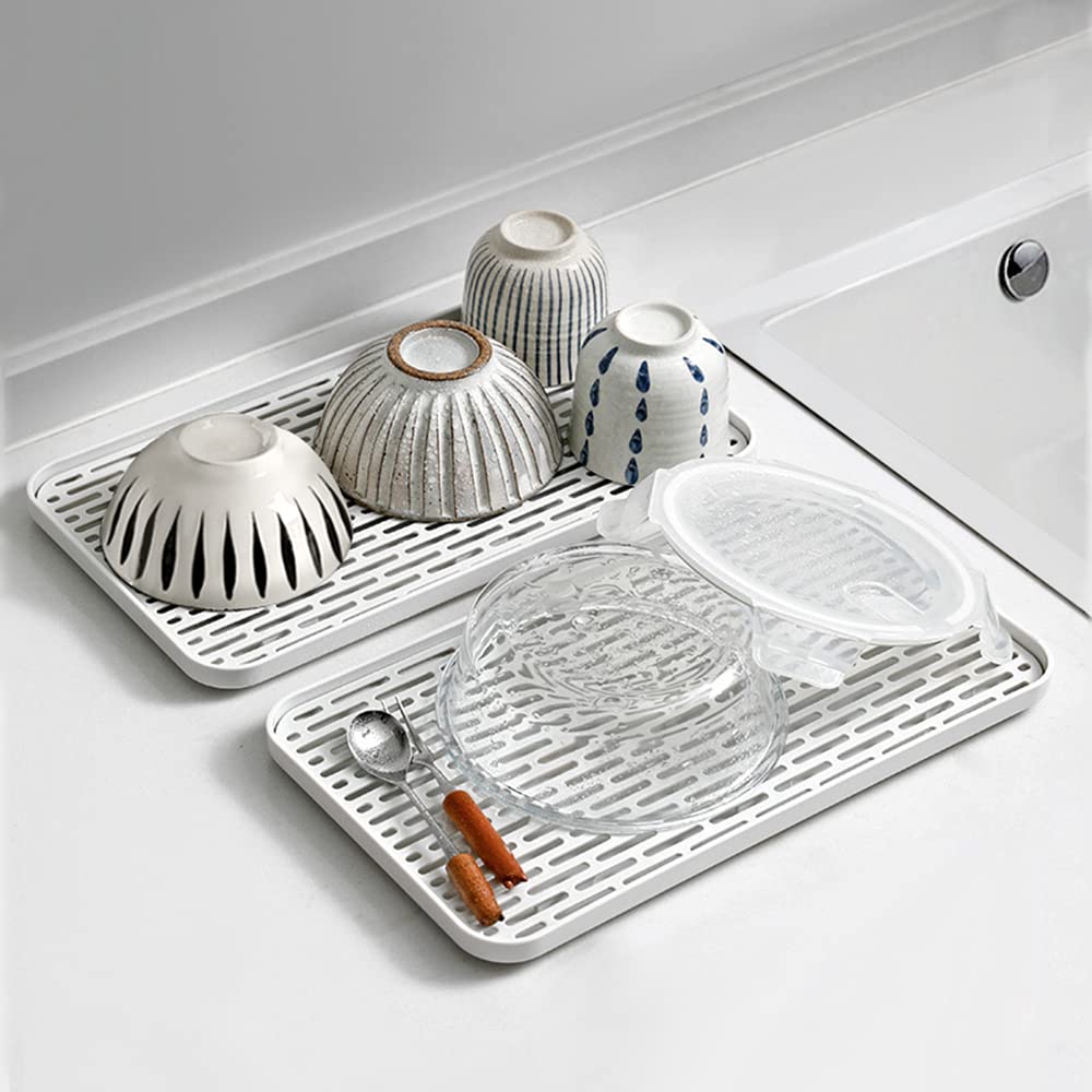 Bonilve Cup Drying Rack & Dish Drying Tray, Drain Board for Small Kitchen Sink, Dish Drain Tray Large Enough for Counter or Coffee Table, Big White Dish Drying Mat