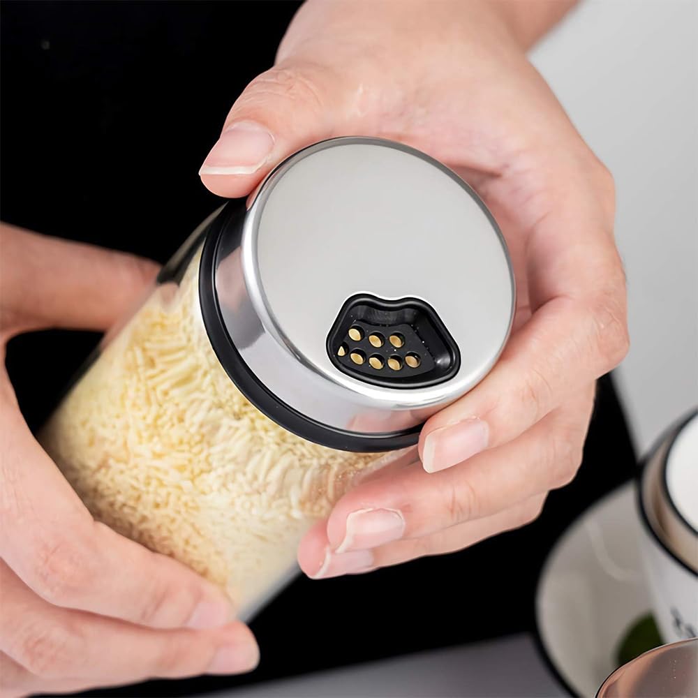 2 Pack 300ml Salt and Pepper Shakers, Salt Shaker with Adjustable Pour Holes, Spice Shaker, Glass Seasoning Shaker with Stainless Steel Lid, Spice Container for Kitchen