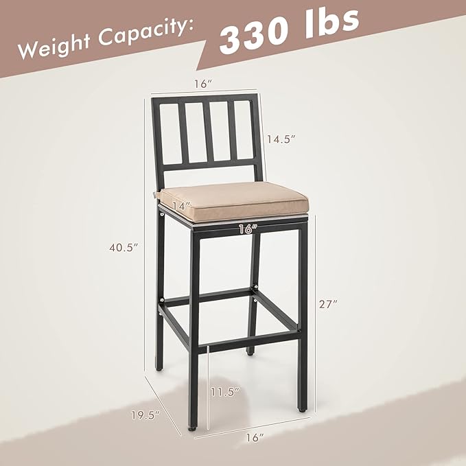COSTWAY 4 PCS Patio Bar Chairs, Heavy-Duty Metal Frame Bar Stools, Indoor Outdoor All-Weather Resistant Barstools with Detachable Cushion & Footrest, for Patio, Garden, Poolside (4)
