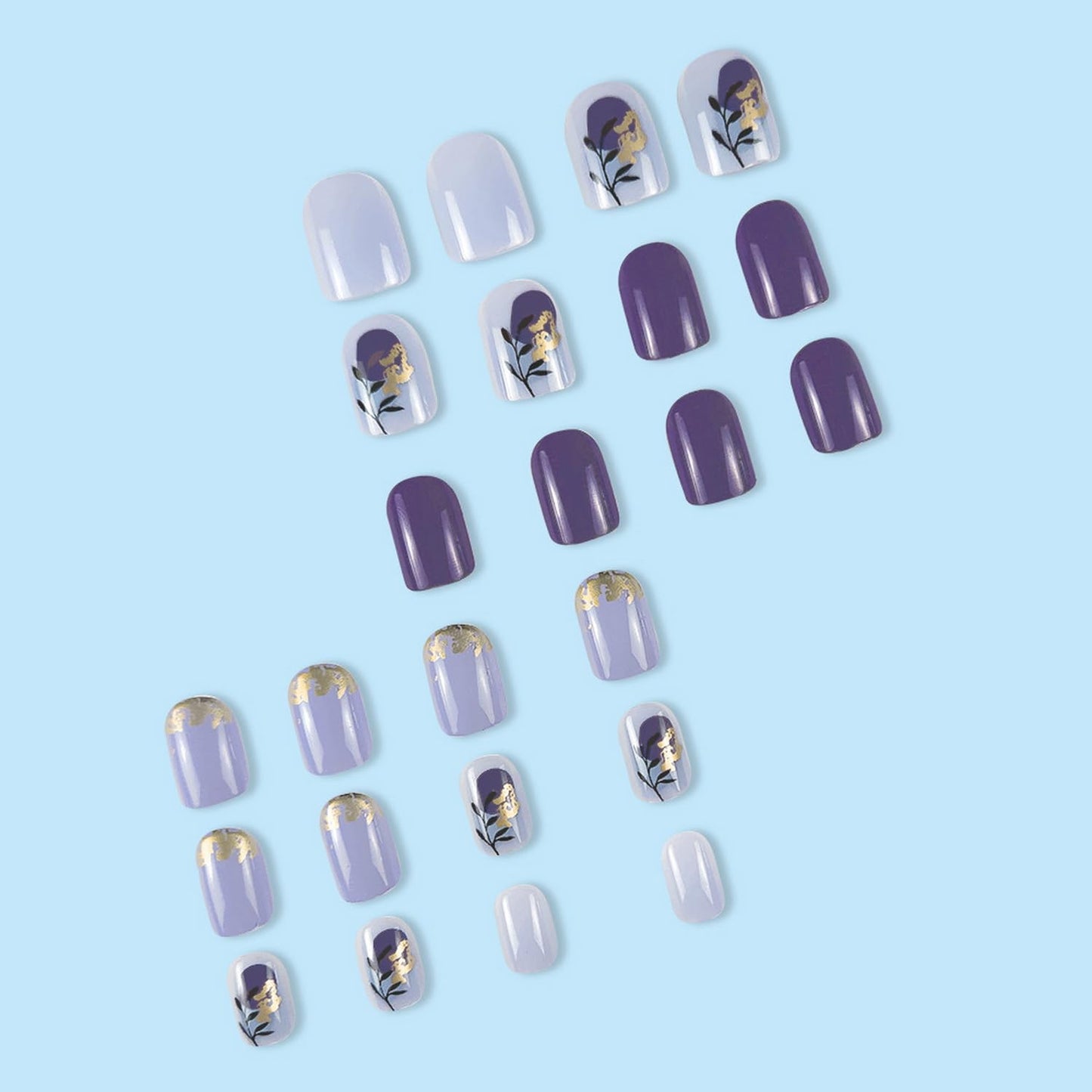 24pcs Purple Press on Nail Short Square Fake Nails with Leave designs Gold Foil Acrylic Artificial Stick on Nail Glossy Full Cover Spring False Nails Reusable Glue on Nails for Women Summer