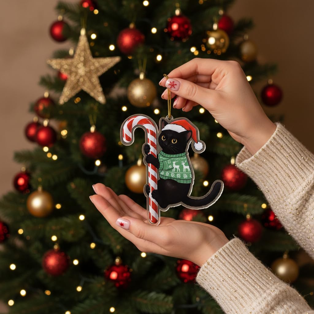 Black Cat Christmas Ornament Hugging Candy Cane 2D Flat Acrylic Ornament - Cute Ornaments for Christmas Tree, Black Cat Ornaments for Women, Men 2025