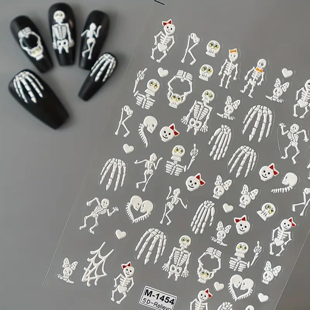 2 Sheets Halloween 5D Embossed Nail Art Stickers - Skeleton, White Skull Nail Stickers with Spider Web Heart Design - Self-Adhesive Horror Decals for Women - Art Supplies and Decorations