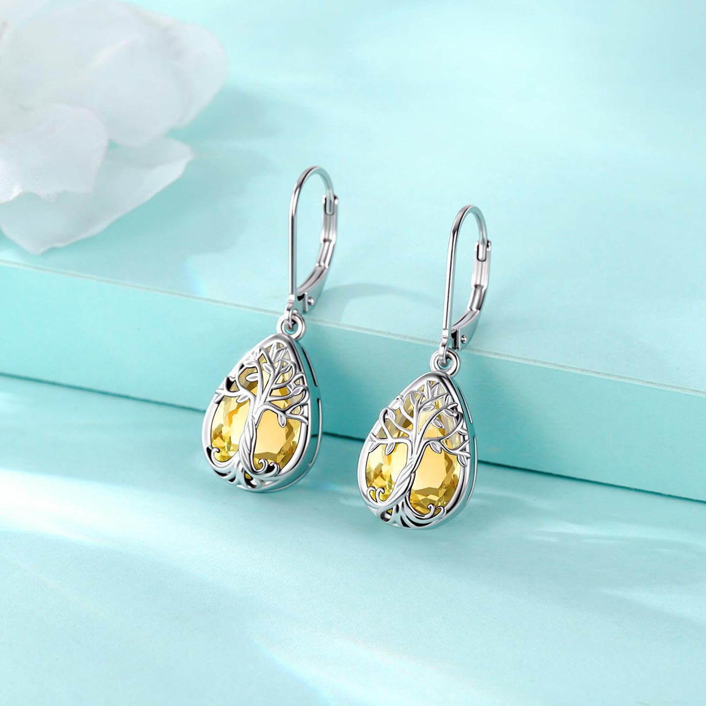 Eusense Tree of Life Dangle Citrine Earrings 925 Sterling Silver Teardrop Birthstone Earrings for Women Leverback Closure Tree of Life Jewelry Gift