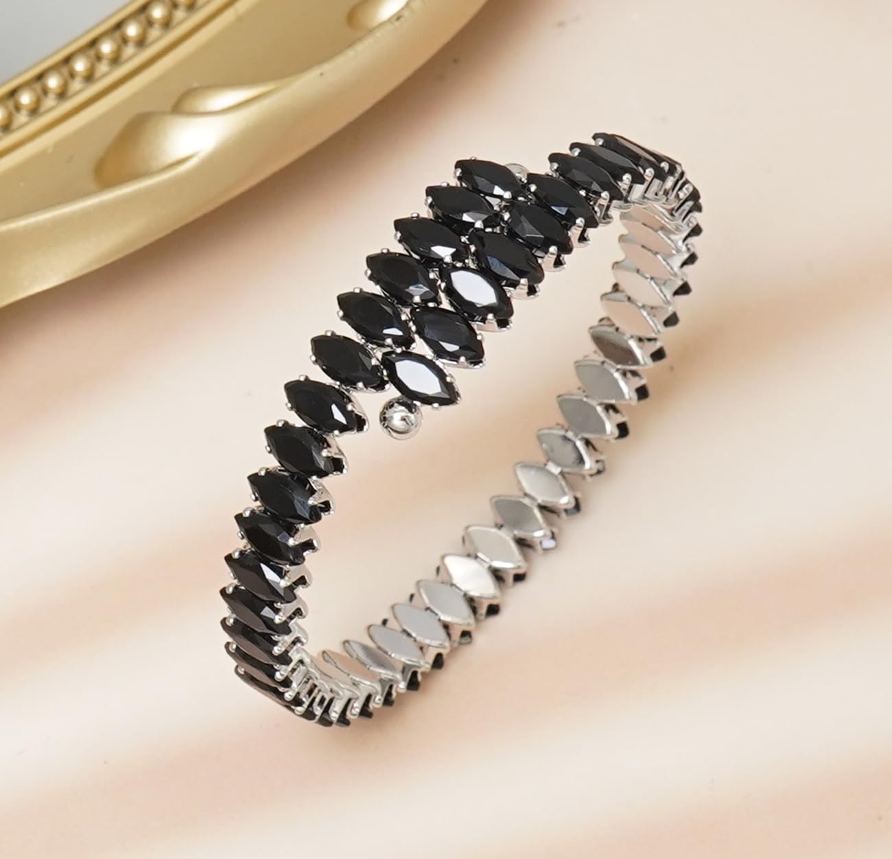 Wovanoo Rhinestone Cuff Bracelet Cubic Zirconia Tennis Bracelets Open Adjustable Elastic Bangle for Women Silver Black