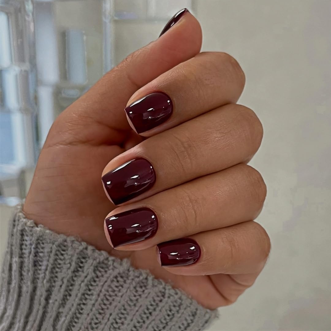 Burgundy Red Press On Nails Short Square, Natural Gel Nails Glue on Fall Colors 2025 Trendy Acrylic Nails Press ons Featured Protective Coat Thick Reusable Fake Nails 24Pcs Short Coffin Nails